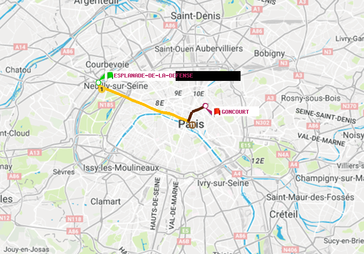 plan itinéraire ratp de Esplanade de la Défense à Goncourt (Hôpital Saint-Louis)