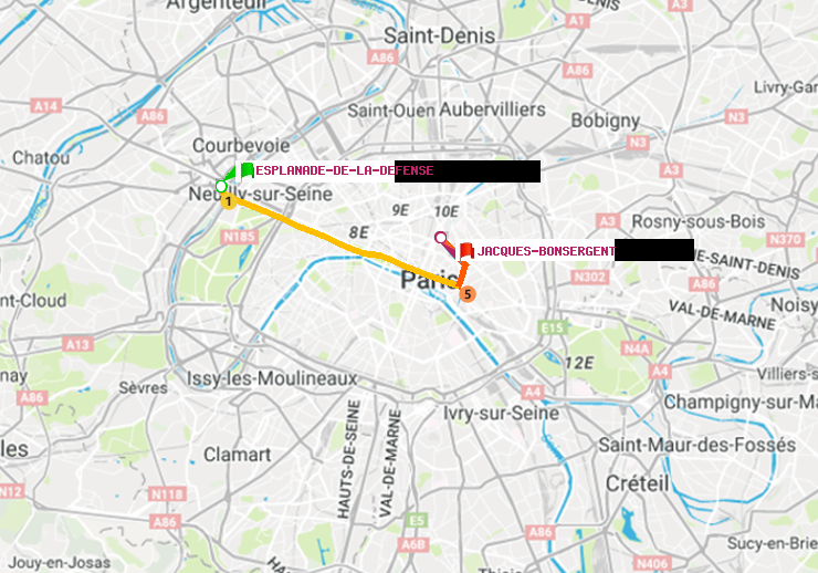 plan itinéraire ratp de Esplanade de la Défense à Jacques-Bonsergent
