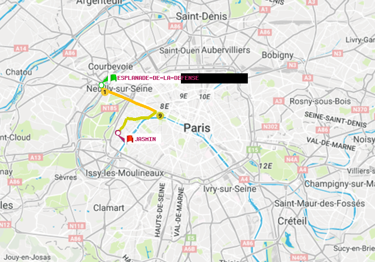 plan itinéraire ratp de Esplanade de la Défense à Jasmin