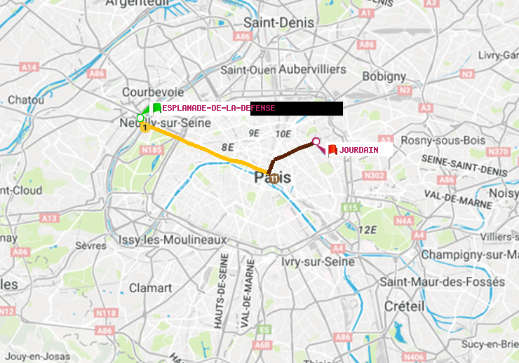plan itinéraire ratp de Esplanade de la Défense à Jourdain