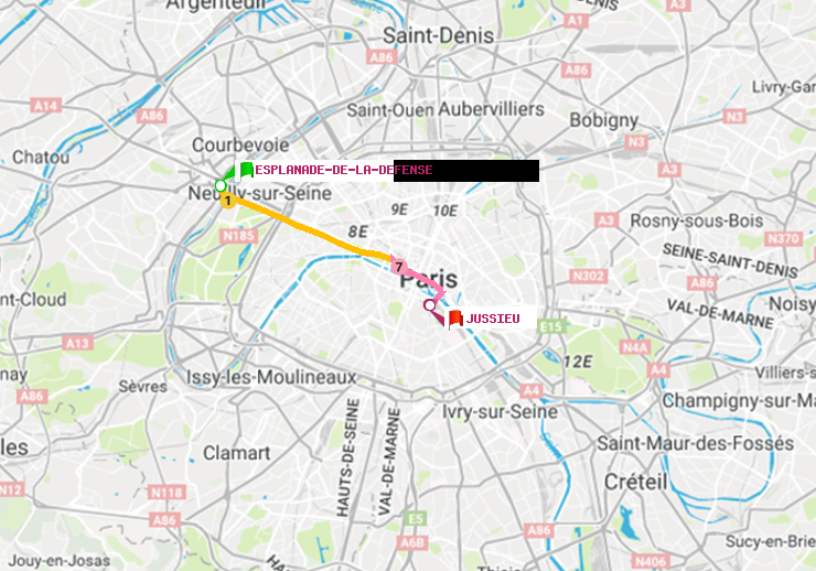 plan itinéraire ratp de Esplanade de la Défense à Jussieu