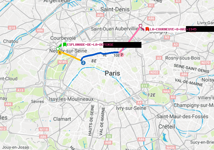 plan itinéraire ratp de Esplanade de la Défense à La Courneuve-8-Mai-1945