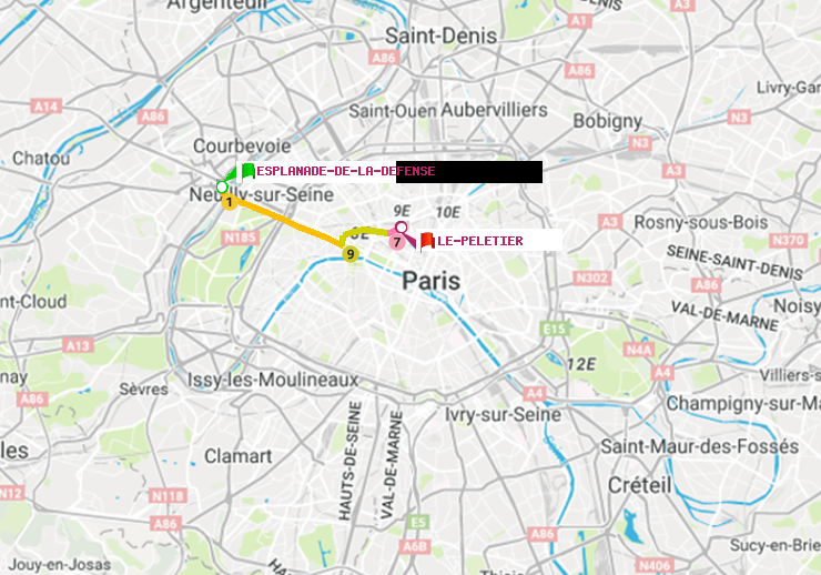 plan itinéraire ratp de Esplanade de la Défense à Le Peletier