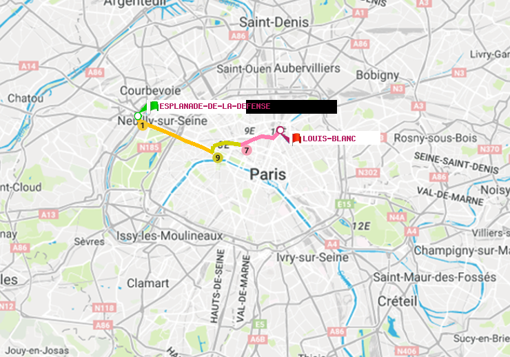 plan itinéraire ratp de Esplanade de la Défense à Louis Blanc