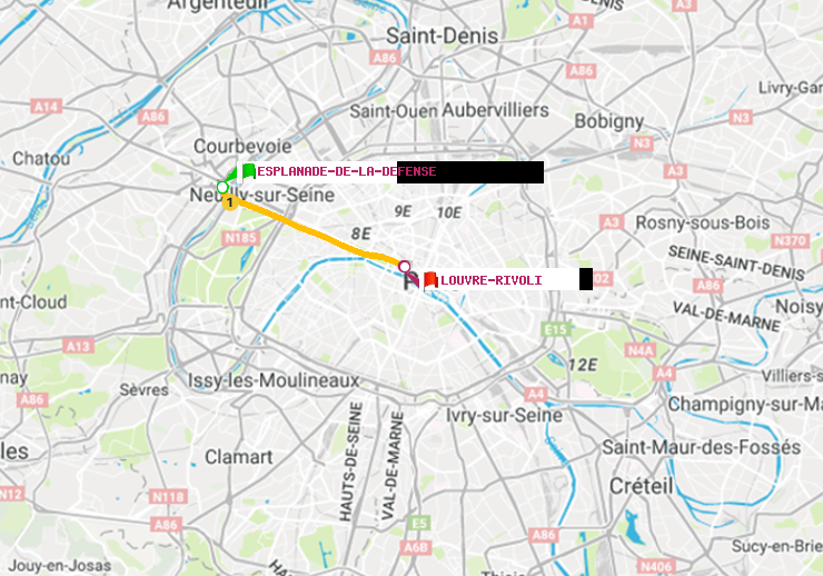 plan itinéraire ratp de Esplanade de la Défense à Louvre-Rivoli