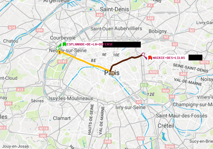 plan itinéraire ratp de Esplanade de la Défense à Mairie des Lilas