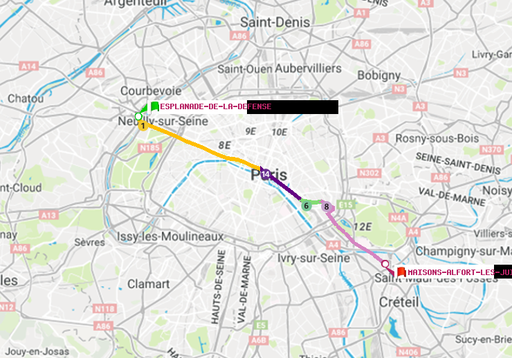 plan itinéraire ratp de Esplanade de la Défense à Maisons-Alfort-Les Juilliottes