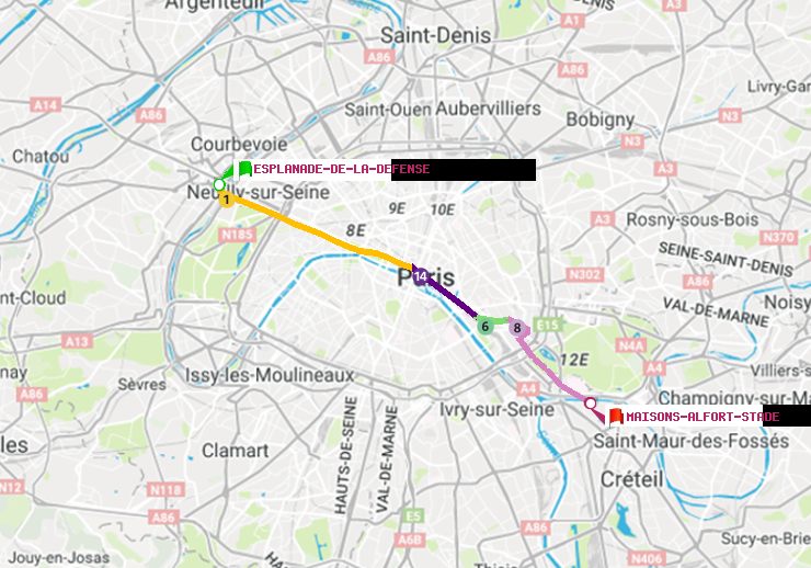 plan itinéraire ratp de Esplanade de la Défense à Maisons-Alfort-Stade