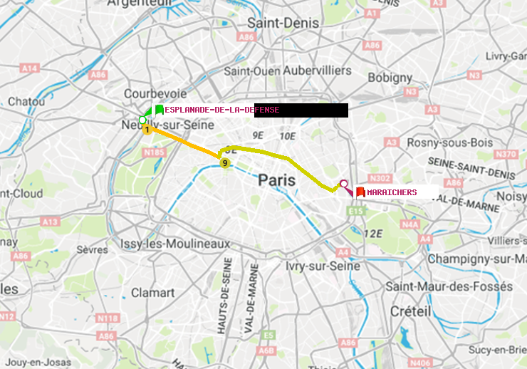 plan itinéraire ratp de Esplanade de la Défense à Maraichers