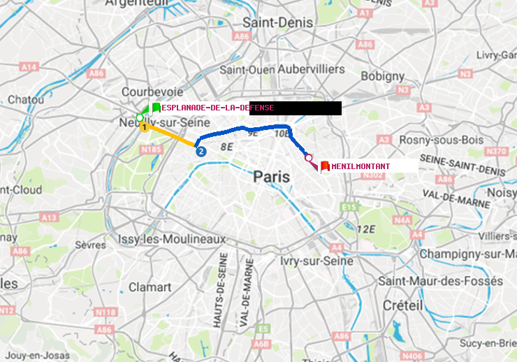 plan itinéraire ratp de Esplanade de la Défense à Ménilmontant