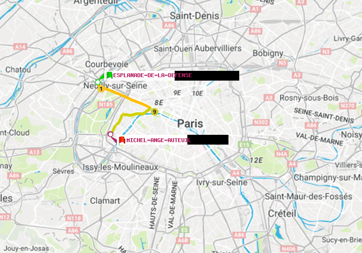 plan itinéraire ratp de Esplanade de la Défense à Michel-Ange-Auteuil