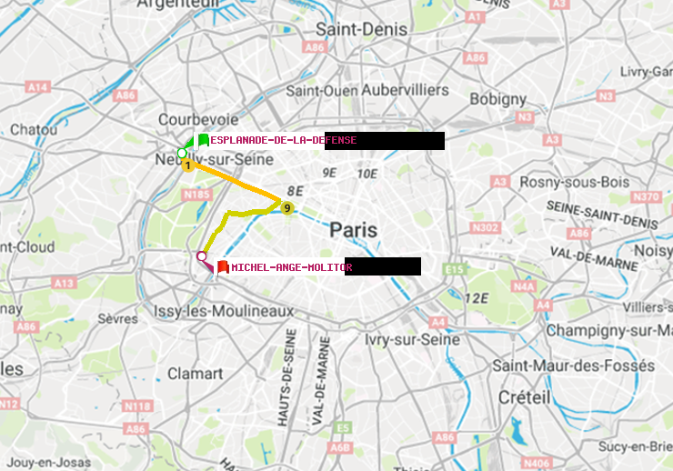 plan itinéraire ratp de Esplanade de la Défense à Michel-Ange-Molitor