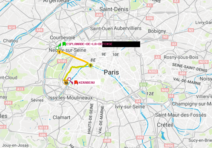 plan itinéraire ratp de Esplanade de la Défense à Mirabeau