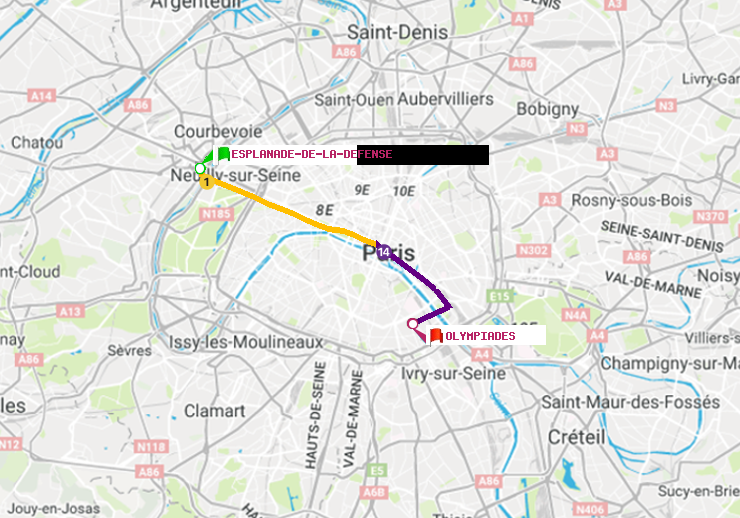 plan itinéraire ratp de Esplanade de la Défense à Olympiades
