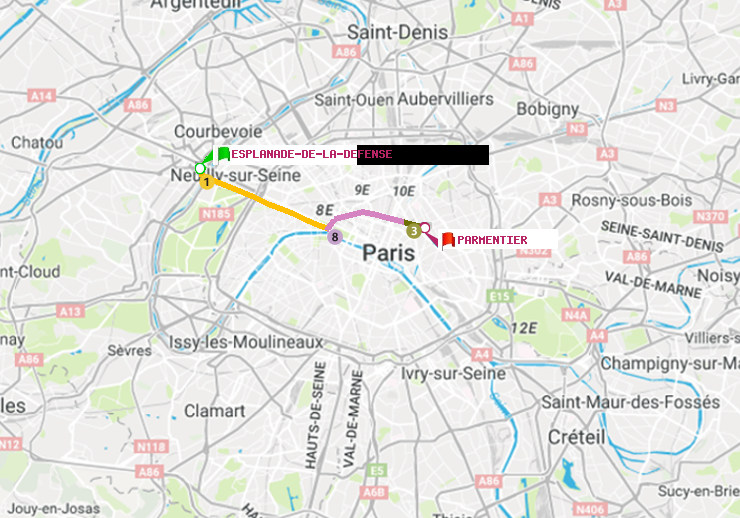 plan itinéraire ratp de Esplanade de la Défense à Parmentier