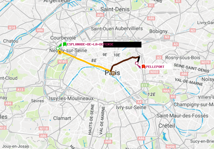plan itinéraire ratp de Esplanade de la Défense à Pelleport