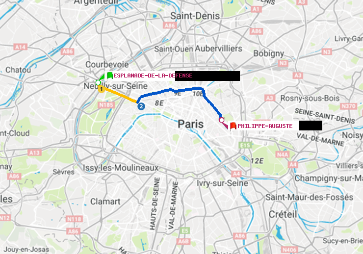 plan itinéraire ratp de Esplanade de la Défense à Philippe Auguste