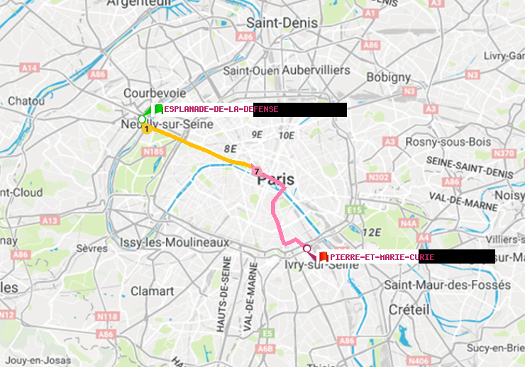 plan itinéraire ratp de Esplanade de la Défense à Pierre et Marie Curie