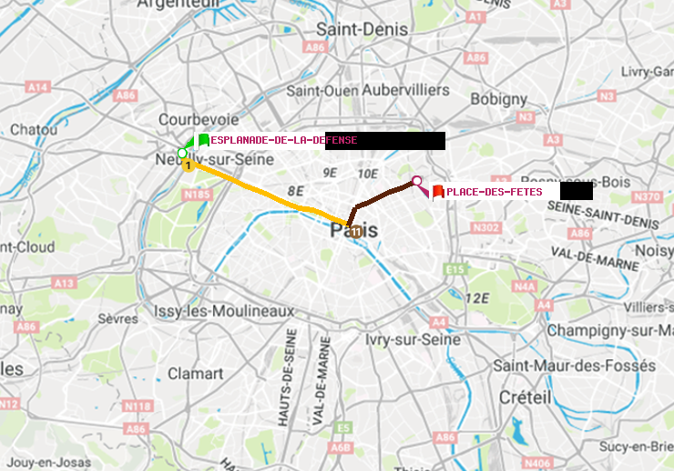 plan itinéraire ratp de Esplanade de la Défense à Place des Fêtes