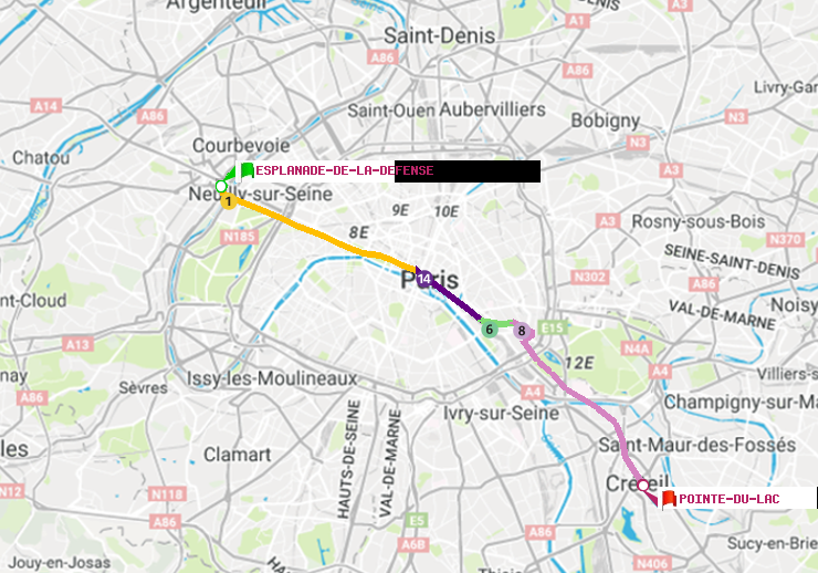 plan itinéraire ratp de Esplanade de la Défense à Pointe du Lac