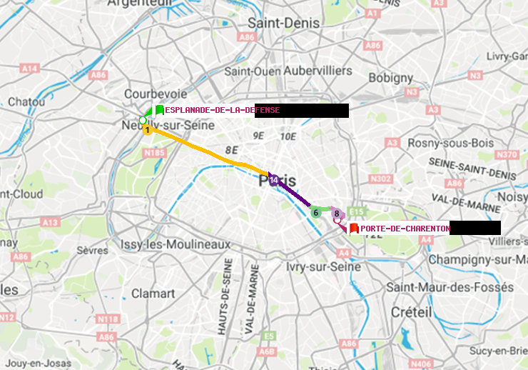 plan itinéraire ratp de Esplanade de la Défense à Porte de Charenton