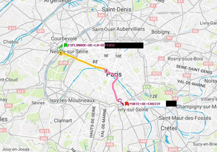 plan itinéraire ratp de Esplanade de la Défense à Porte de Choisy