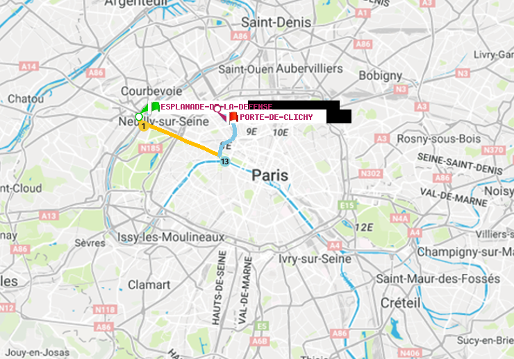 plan itinéraire ratp de Esplanade de la Défense à Porte de Clichy