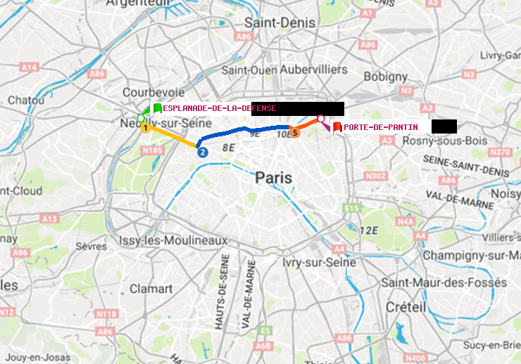 plan itinéraire ratp de Esplanade de la Défense à Porte de Pantin