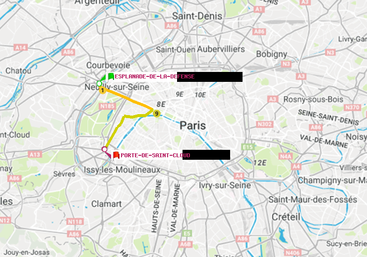 plan itinéraire ratp de Esplanade de la Défense à Porte de Saint-Cloud
