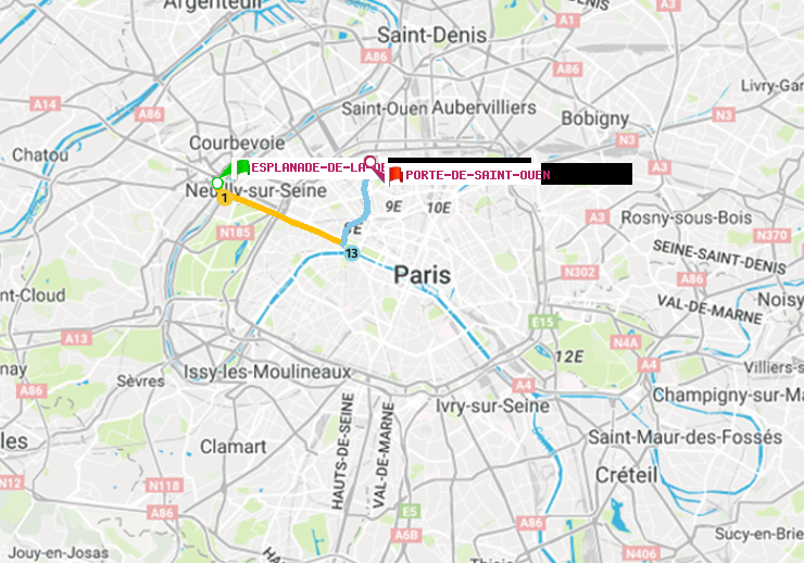 plan itinéraire ratp de Esplanade de la Défense à Porte de Saint-Ouen