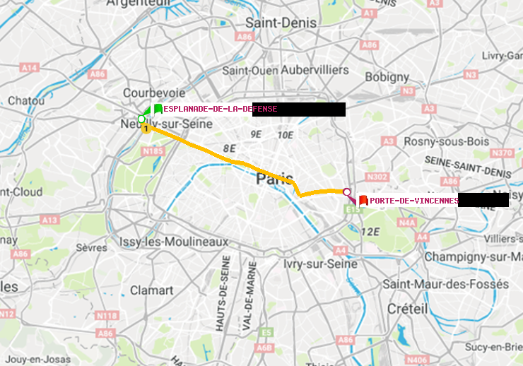 plan itinéraire ratp de Esplanade de la Défense à Porte de Vincennes