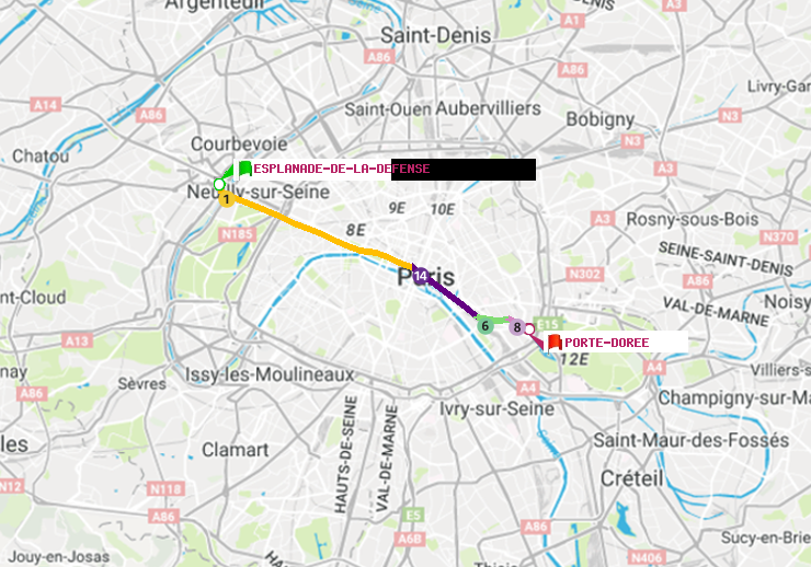 plan itinéraire ratp de Esplanade de la Défense à Porte Dorée