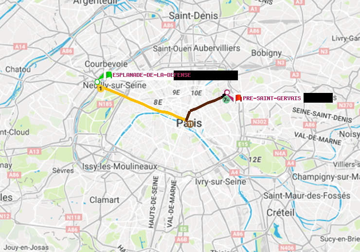 plan itinéraire ratp de Esplanade de la Défense à Pré-Saint-Gervais