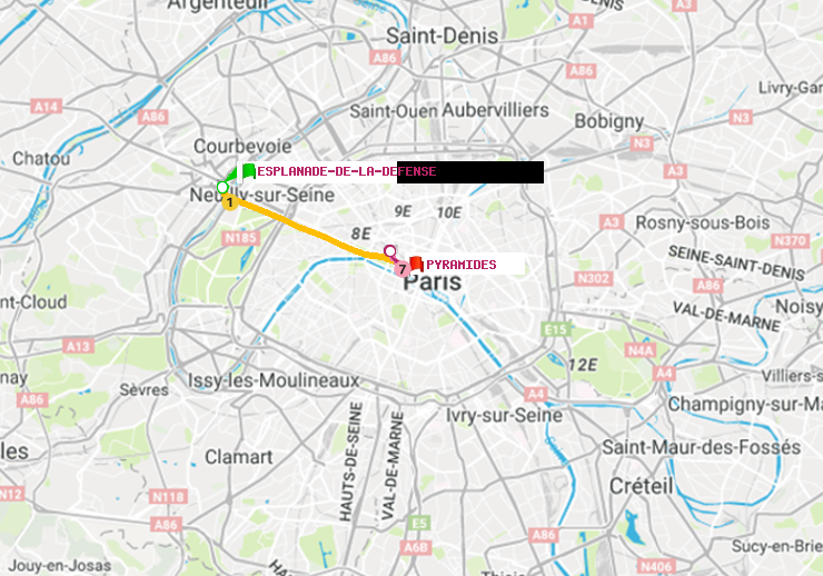 plan itinéraire ratp de Esplanade de la Défense à Pyramides