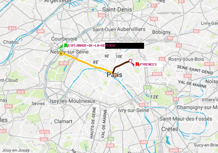 plan itinéraire ratp de Esplanade de la Défense à Pyrenees
