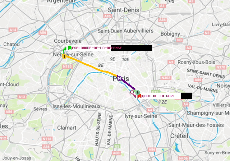 plan itinéraire ratp de Esplanade de la Défense à Quai de la Gare