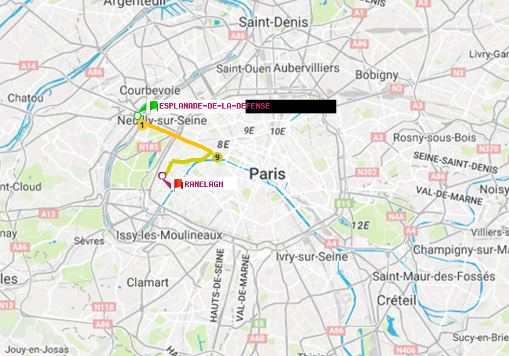 plan itinéraire ratp de Esplanade de la Défense à Ranelagh