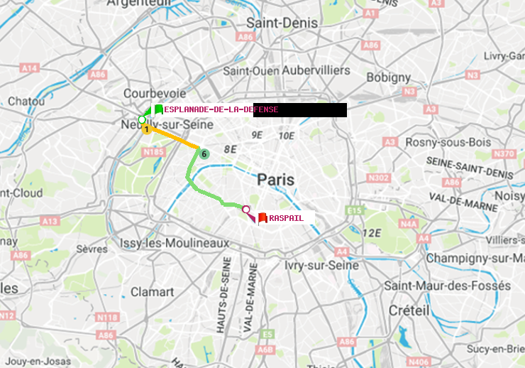 plan itinéraire ratp de Esplanade de la Défense à Raspail