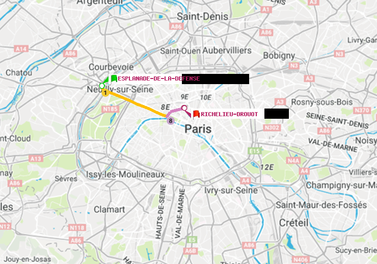 plan itinéraire ratp de Esplanade de la Défense à Richelieu-Drouot