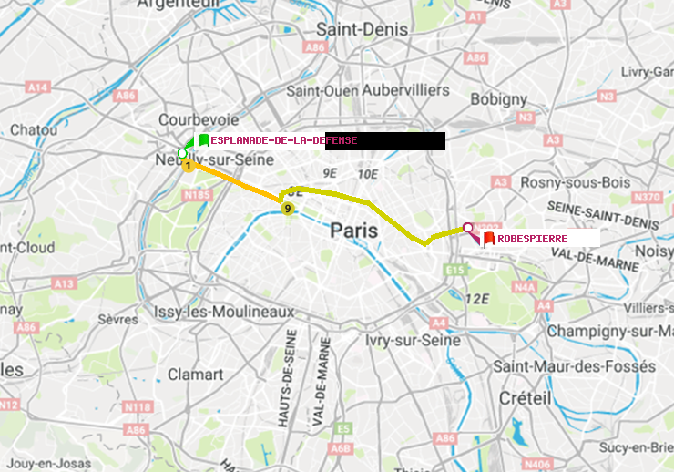 plan itinéraire ratp de Esplanade de la Défense à Robespierre