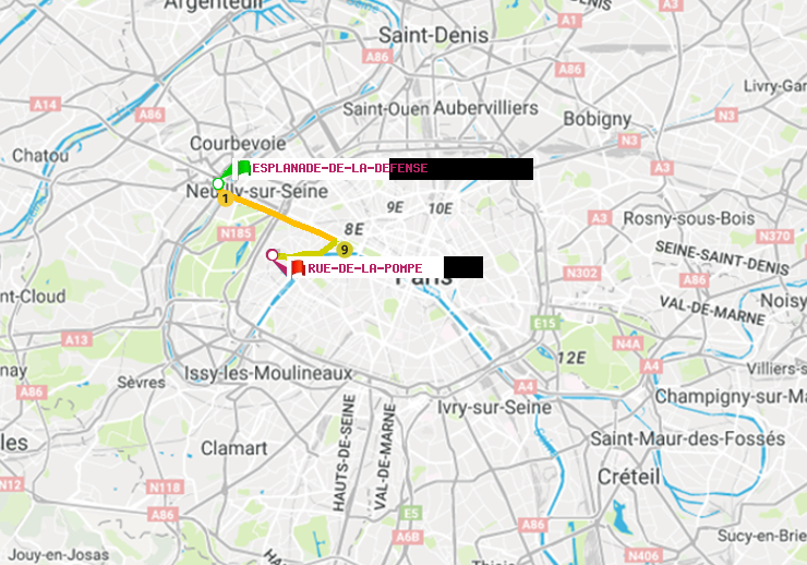 plan itinéraire ratp de Esplanade de la Défense à Rue de la Pompe (Avenue Georges Mandel)