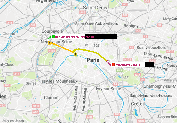 plan itinéraire ratp de Esplanade de la Défense à Rue des Boulets