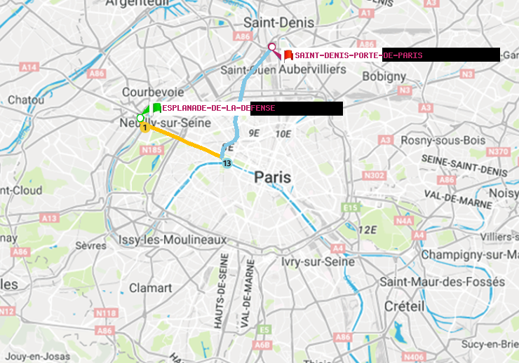 plan itinéraire ratp de Esplanade de la Défense à Saint-Denis-Porte de Paris