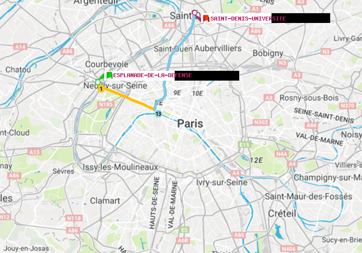 plan itinéraire ratp de Esplanade de la Défense à Saint-Denis-Universite