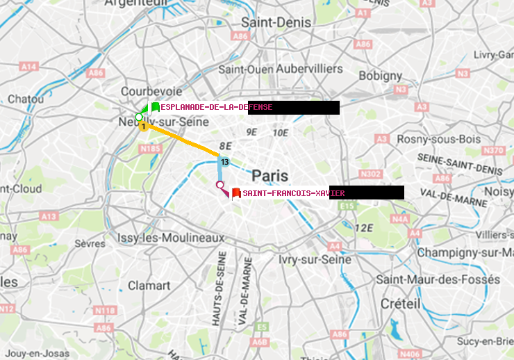 plan itinéraire ratp de Esplanade de la Défense à Saint-Francois-Xavier