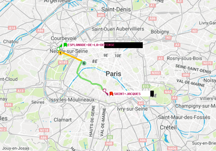 plan itinéraire ratp de Esplanade de la Défense à Saint-Jacques