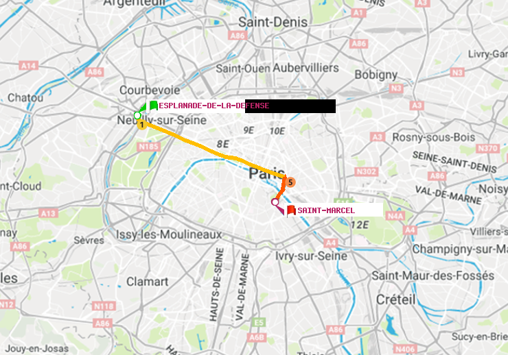 plan itinéraire ratp de Esplanade de la Défense à Saint-Marcel