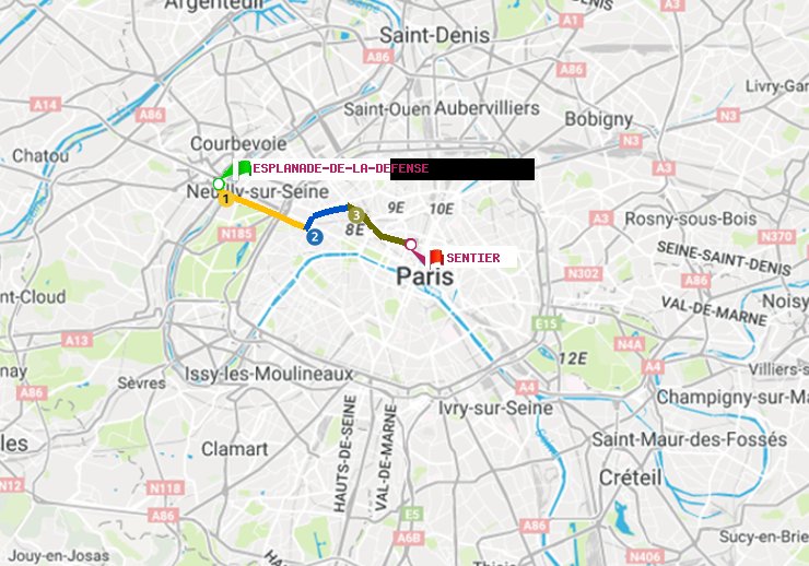 plan itinéraire ratp de Esplanade de la Défense à Sentier