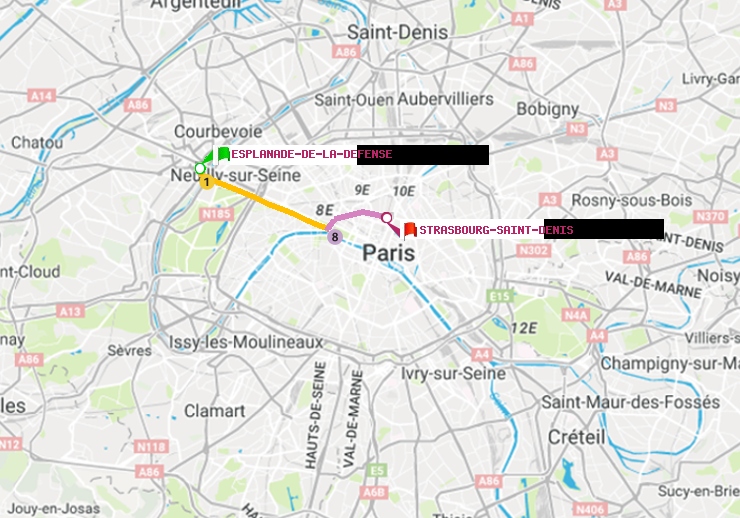 plan itinéraire ratp de Esplanade de la Défense à Strasbourg-Saint-Denis