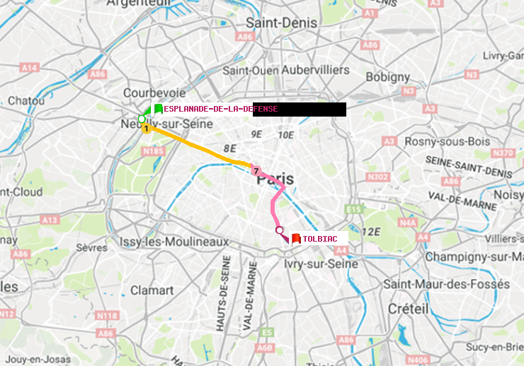 plan itinéraire ratp de Esplanade de la Défense à Tolbiac